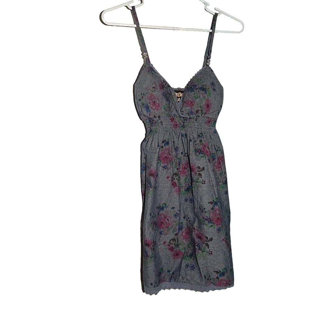 Derek Heart Women’s Small Denim Floral Babydoll Mini Dress 100% Cotton Vintage